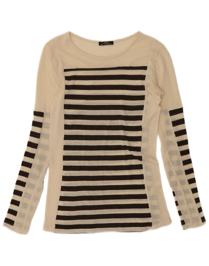 Zara Damen Top Langarm UK 8 Small Beige gestreift