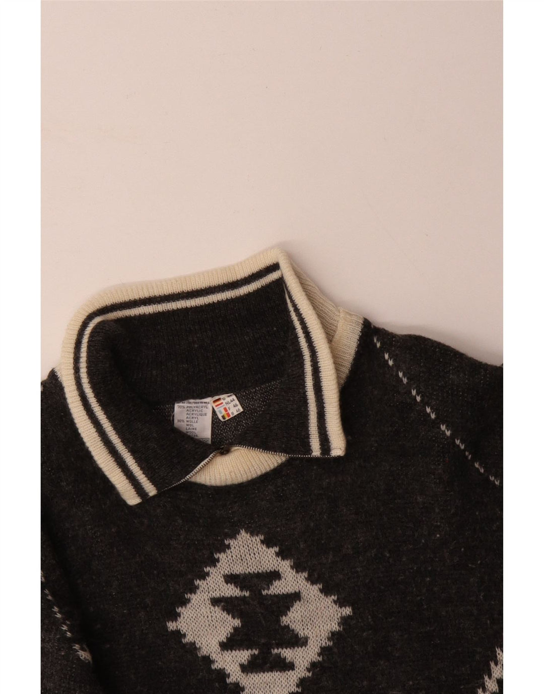 VINTAGE Herren-Pullover mit Reißverschluss, Größe 46, Größe S, Schwarz, Fair Isle