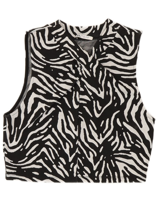 Zara Damen Crop Vest Top UK 14 Großes schwarzes Polyester mit Animal-Print