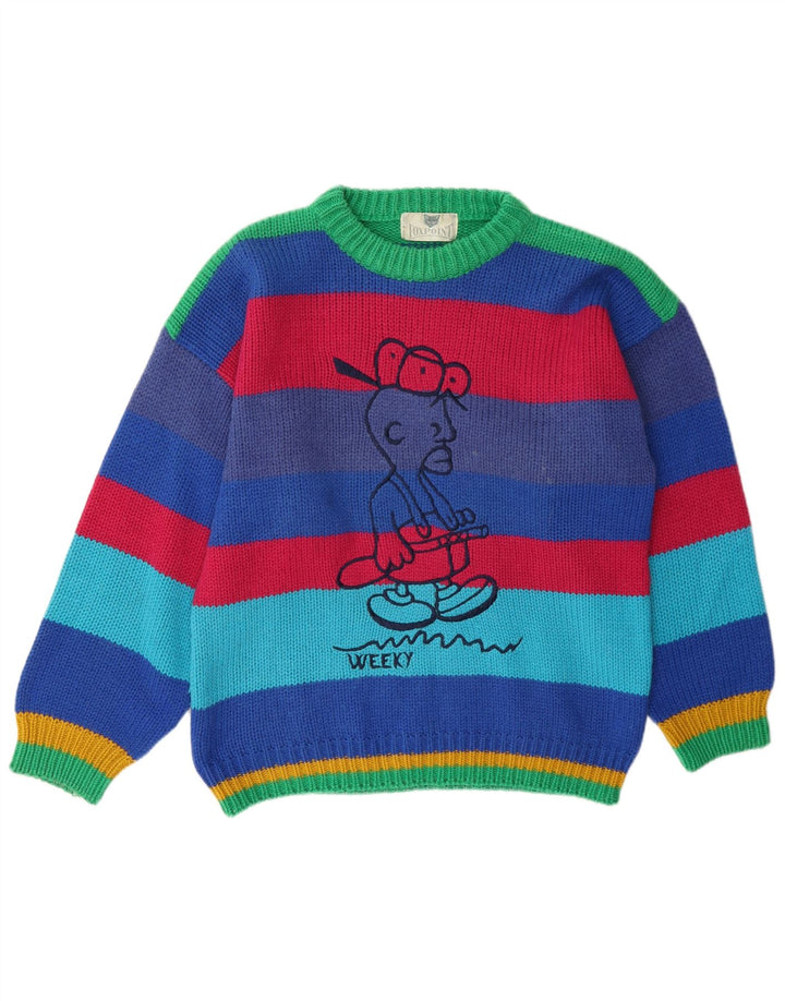 Vintage Herren Pullover mit grafischem Rundhalsausschnitt, groß, mehrfarbig gestreift
