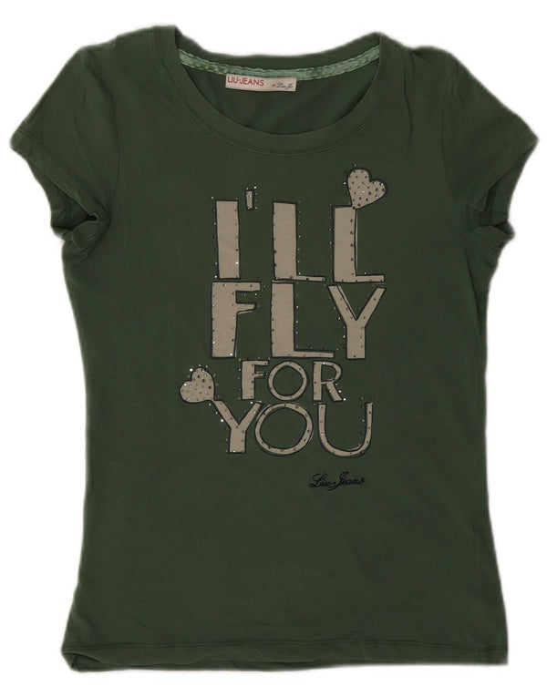 Liu Jo Damen Grafik T-Shirt Top UK 6 XS Grüne Baumwolle