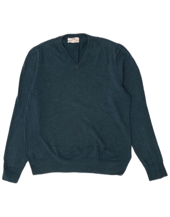 Marks & Spencer Herren-Pullover mit V-Ausschnitt aus mittelgrüner Baumwolle