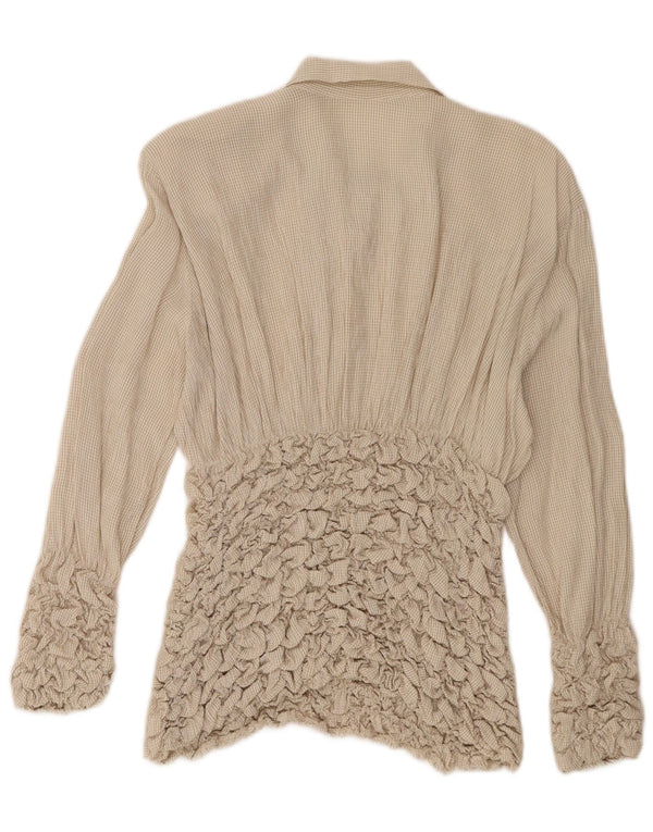 Vintage Damen Langarmbluse Top UK 10 Small Beige Karo Acetat