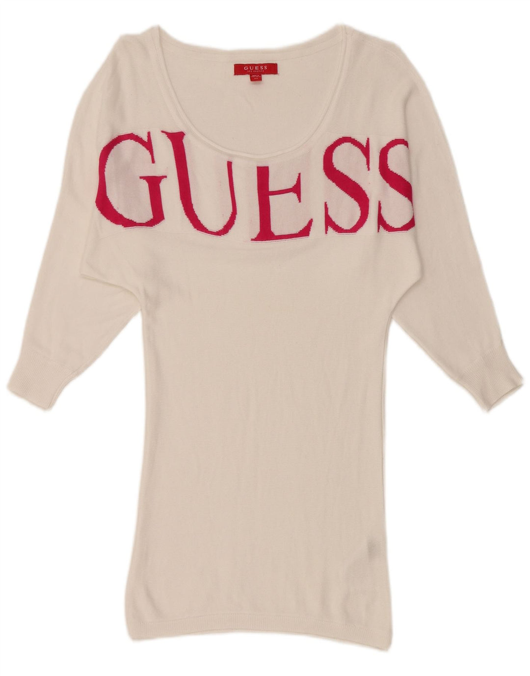 GUESS Damen-Pulloverkleid mit grafischem 3/4-Ärmeln, UK 6, XS, weiße Viskose