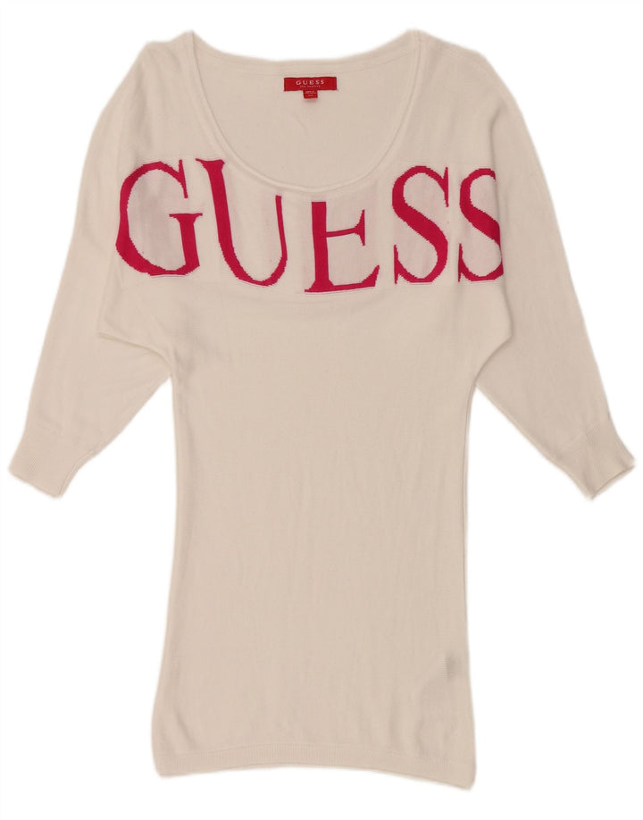 GUESS Damen-Pulloverkleid mit grafischem 3/4-Ärmeln, UK 6, XS, weiße Viskose