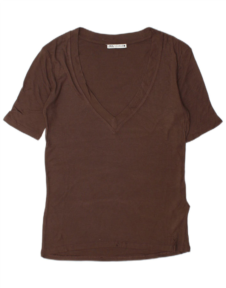 Zara Damen T-Shirt Top UK 14 Mittelbraune Viskose