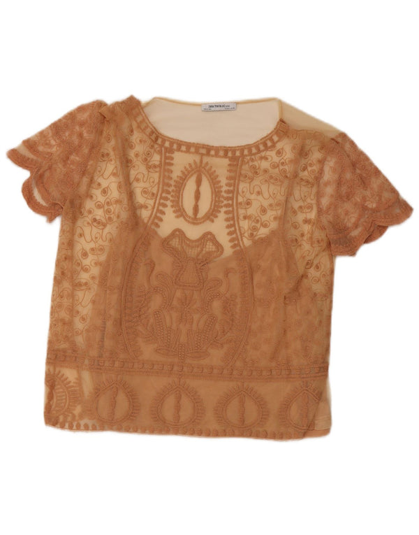 Durchsichtiges Oberteil für Damen von Zara, UK-Größe 44, Größe L, beige, böhmisches Blumenmuster