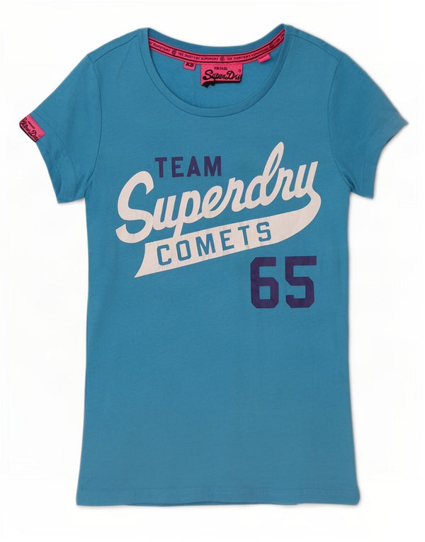 Superdry Damen Grafik-T-Shirt-Oberteil UK 6 XS Blaue Baumwolle