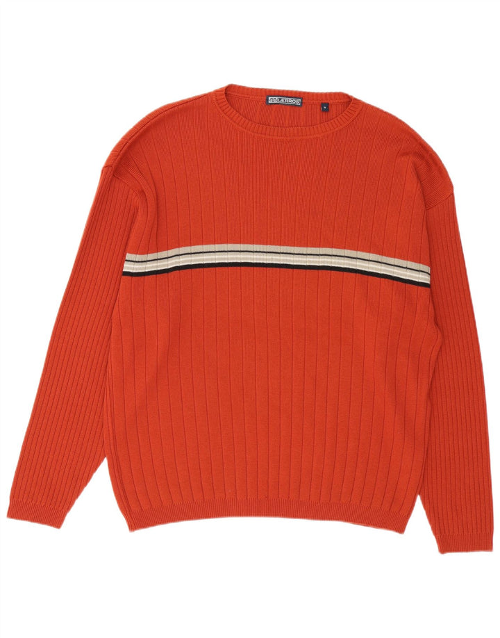 Lerros Herren-Pullover mit Rundhalsausschnitt, mittelorange gestreifte Baumwolle