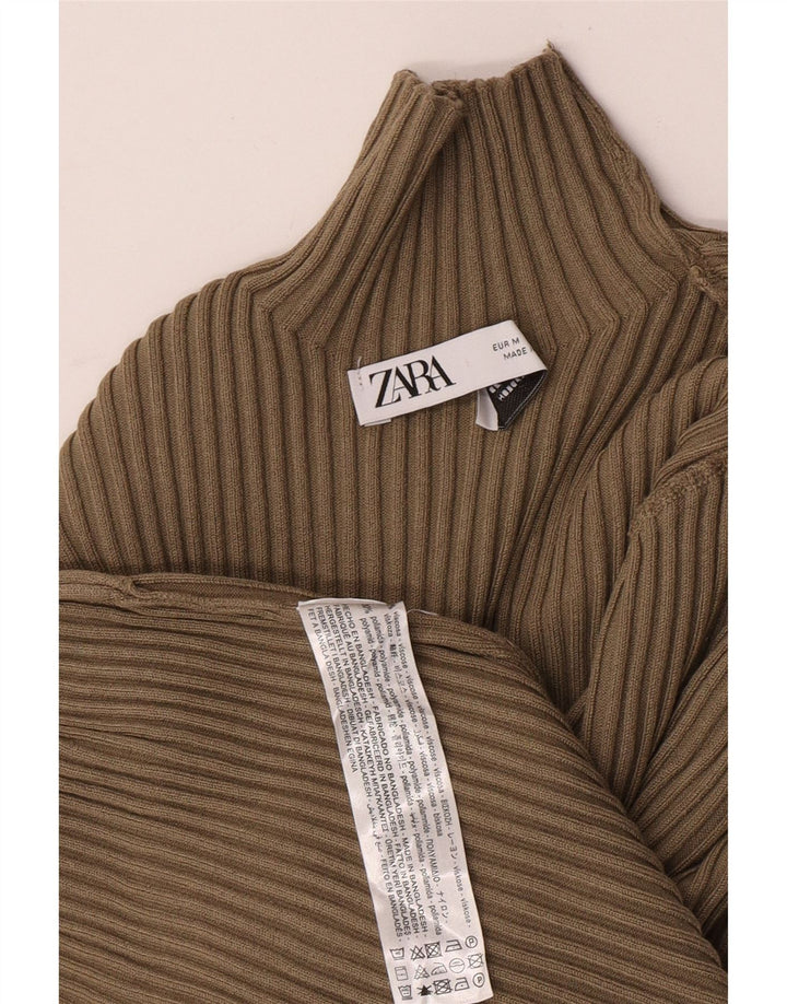 Zara Damen Crop Rollkragen Top Langarm UK 12 Medium Khaki Viskose