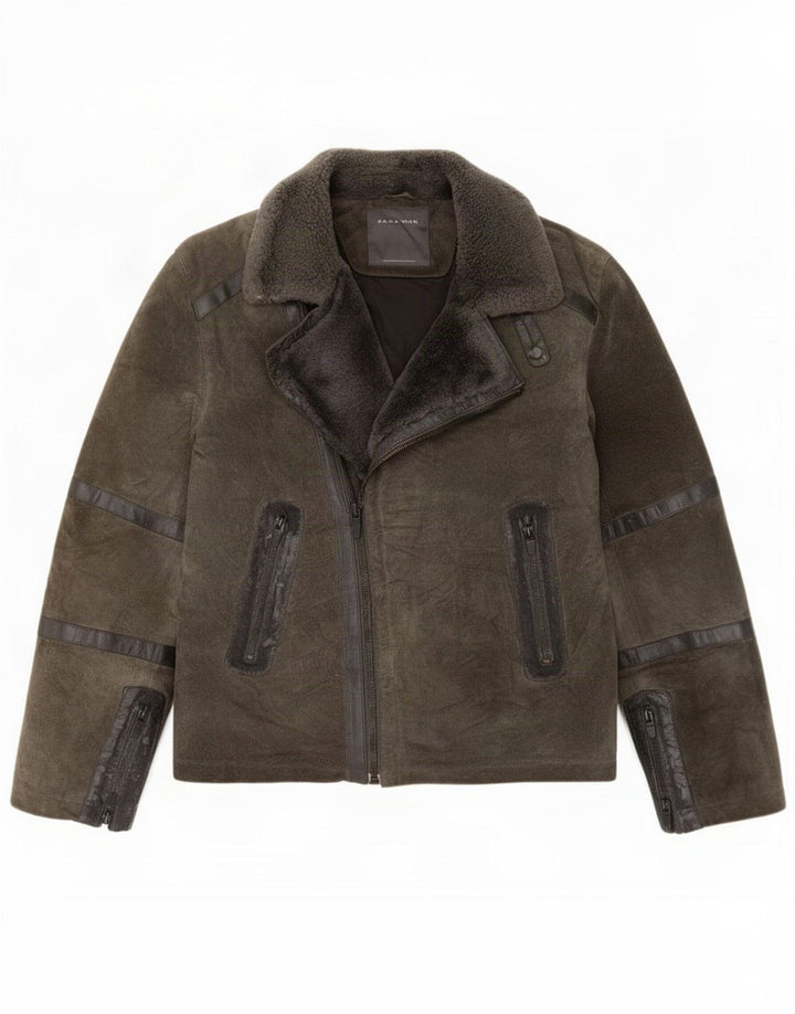 Zara Herren Wildleder Bikerjacke UK 40 Large Khaki