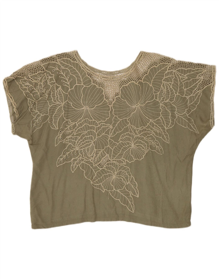 Vintage Damen Bluse Top UK 16 Großes Khaki Floral Rayon