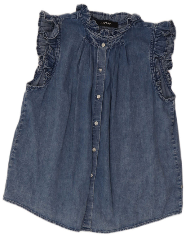 Replay Damen Kurzarm-Jeanshemdbluse UK 14 Mittelblaue Baumwolle
