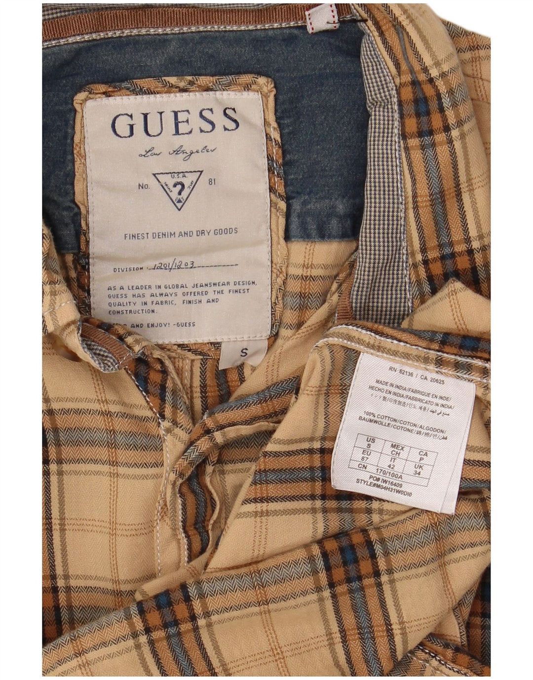Guess Herren-Flanellhemd, klein, beige, kariert, Baumwolle