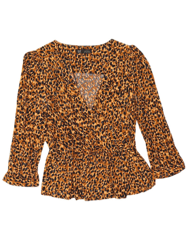 Zara Damen Crop Langarmbluse Top UK 10 Kleines braunes Tiermuster