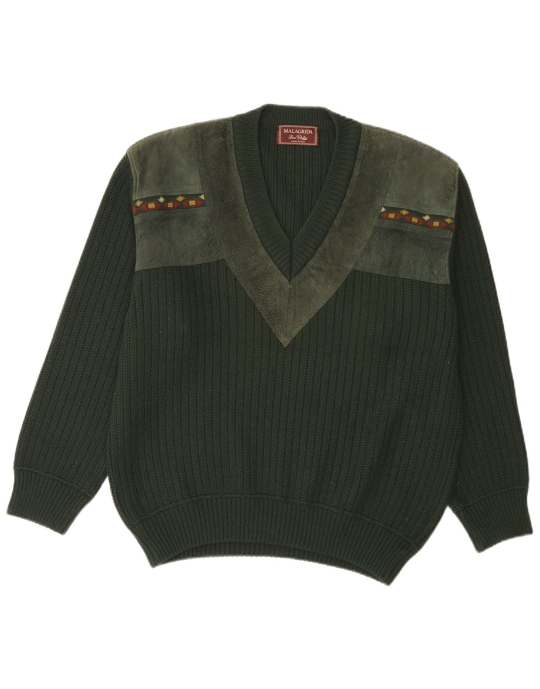 MALAGRIDA Herren-Pullover mit V-Ausschnitt, groß, grün, geometrisch, Polyacryl