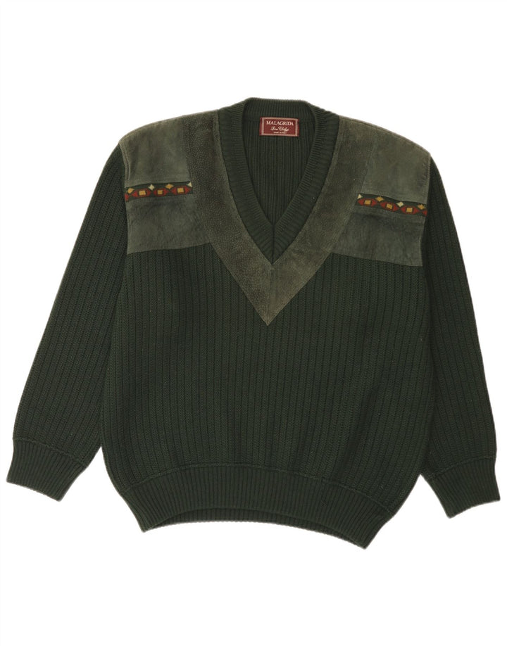 MALAGRIDA Herren-Pullover mit V-Ausschnitt, groß, grün, geometrisch, Polyacryl
