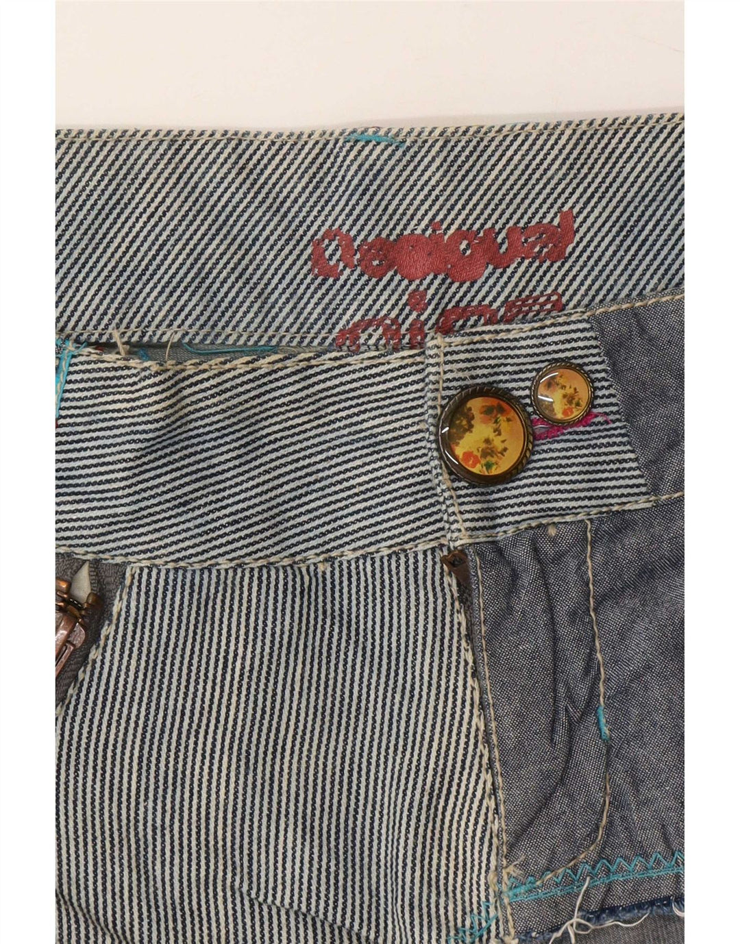 Desigual Damen Regular Shorts EU 36 Small W28 Marineblau Patchwork Baumwolle