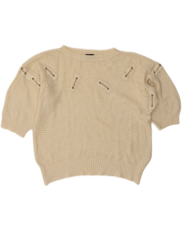 Vintage Damen Kurzarm-Pullover mit U-Boot-Ausschnitt, Gr. 14, groß, gebrochenes Weiß