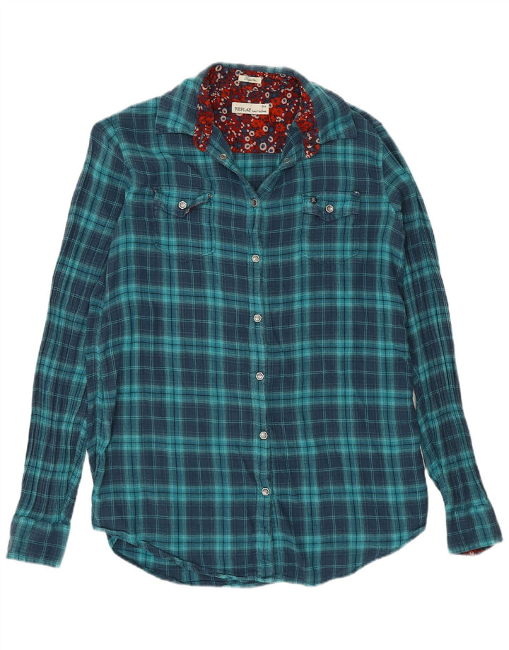 Replay Damen-Flanellhemd, normal, UK 10, klein, blau kariert, Baumwolle