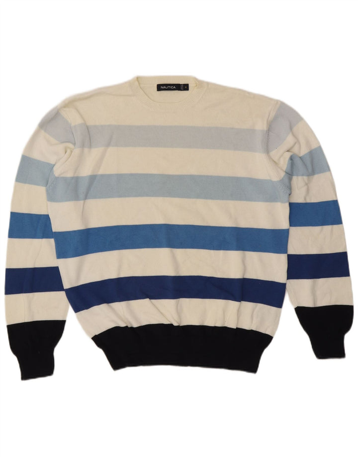 Nautica Herren-Pullover mit Rundhalsausschnitt, mittelgroße, cremefarbene, gestreifte Baumwolle