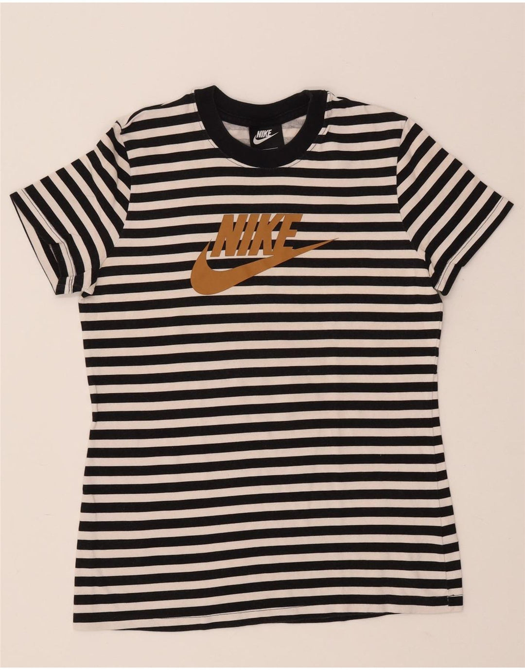 NIKE Damen Grafik-T-Shirt-Oberteil UK 12 Mittelschwarz gestreift aus Baumwolle