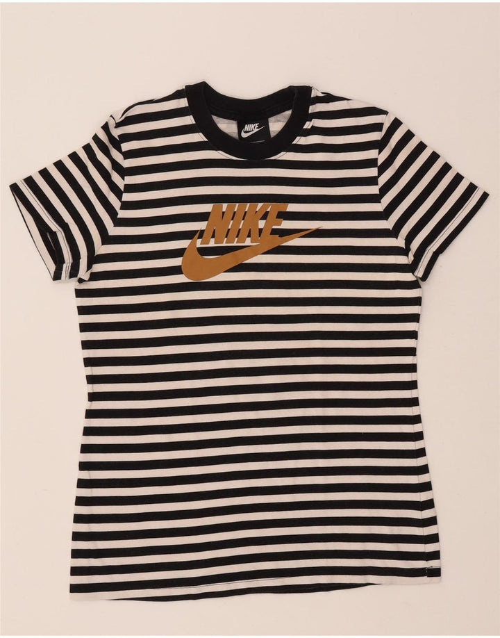 NIKE Damen Grafik-T-Shirt-Oberteil UK 12 Mittelschwarz gestreift aus Baumwolle