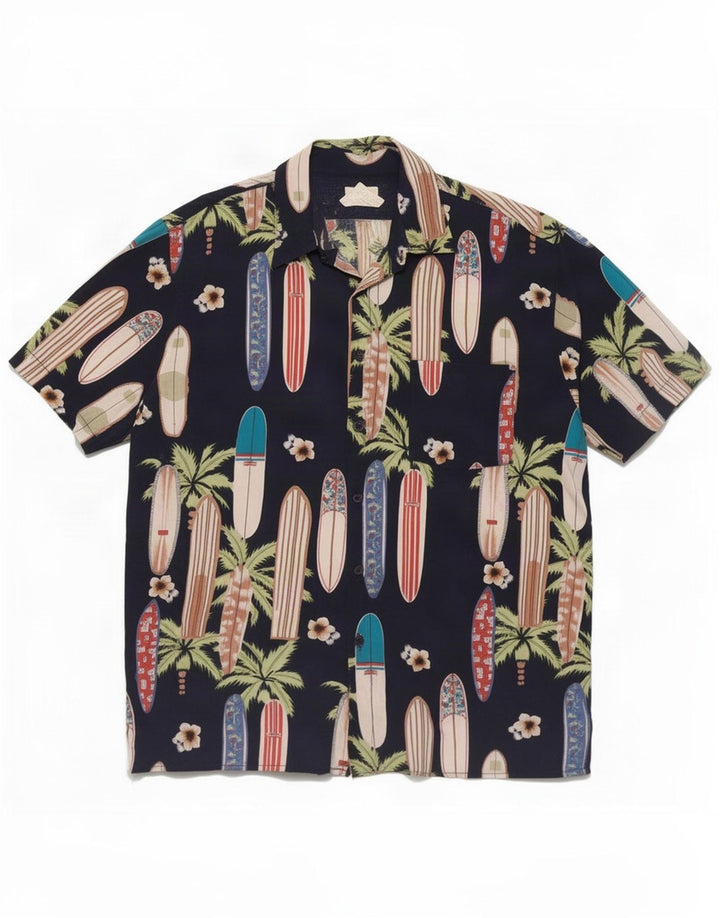 Vintage Herren-Kurzarmshirt mit abstraktem Muster, groß, marineblau, Rayon
