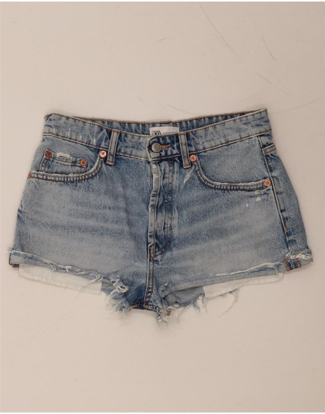 ZARA Damen Distressed Denim Shorts EU 36 XS W26 Blaue Baumwolle