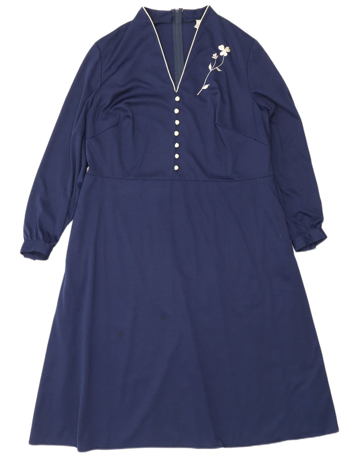 Vintage Damen Langarm Maxikleid IT 50 XL Marineblau Polyester