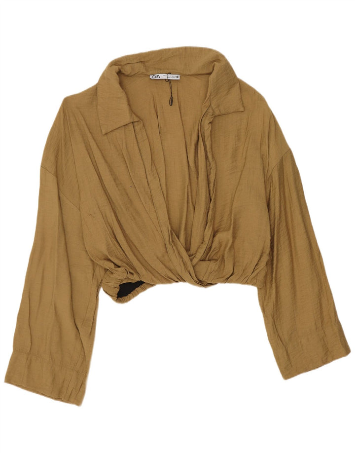 Zara Damen Crop Bluse Top UK 16 Large Khaki Viskose
