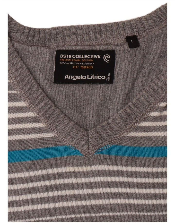 ANGELO LITRICO Herren-Pullover mit V-Ausschnitt, groß, grau gestreift