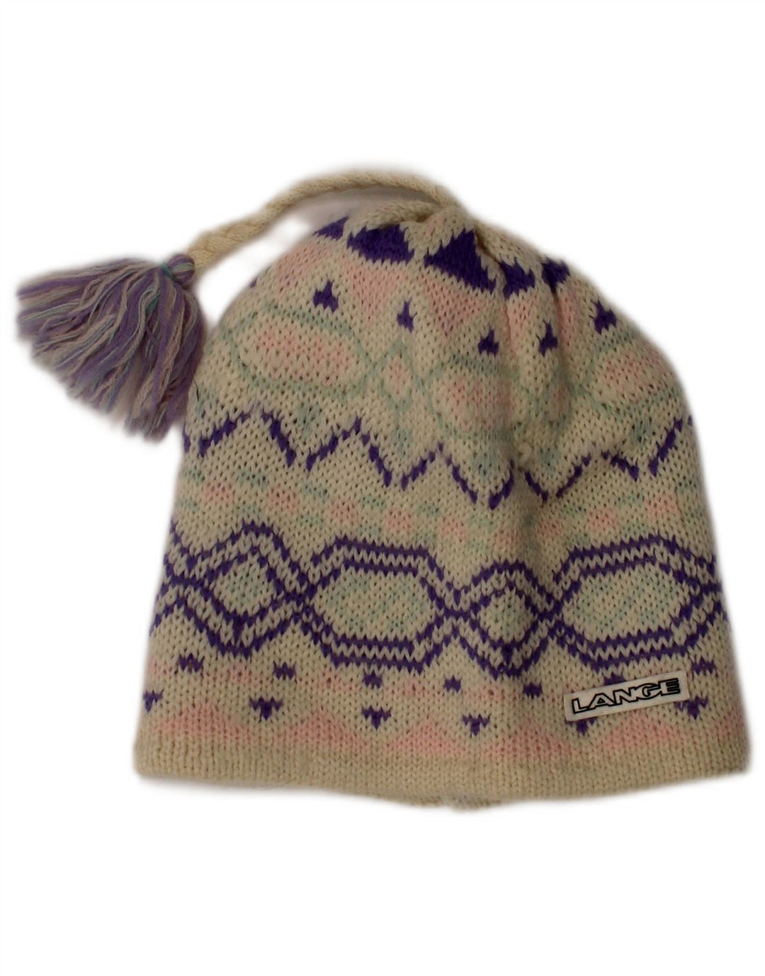 Vintage Damen Beanie Mütze One Size Off White Fair Isle Wolle