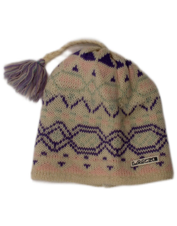 Vintage Damen Beanie Mütze One Size Off White Fair Isle Wolle