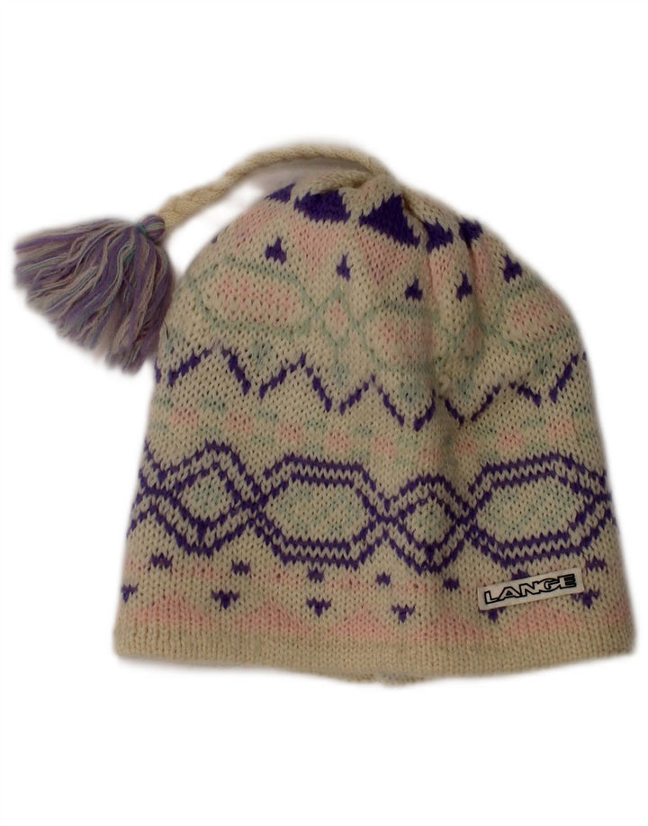 Vintage Damen Beanie Mütze One Size Off White Fair Isle Wolle