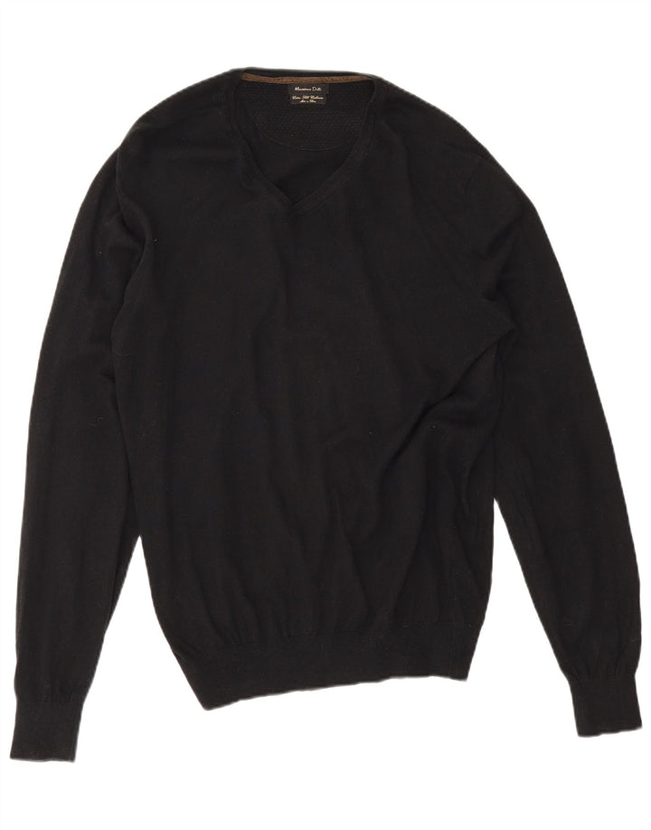 Massimo Dutti Herren-Pullover mit V-Ausschnitt, XL, schwarze Baumwolle