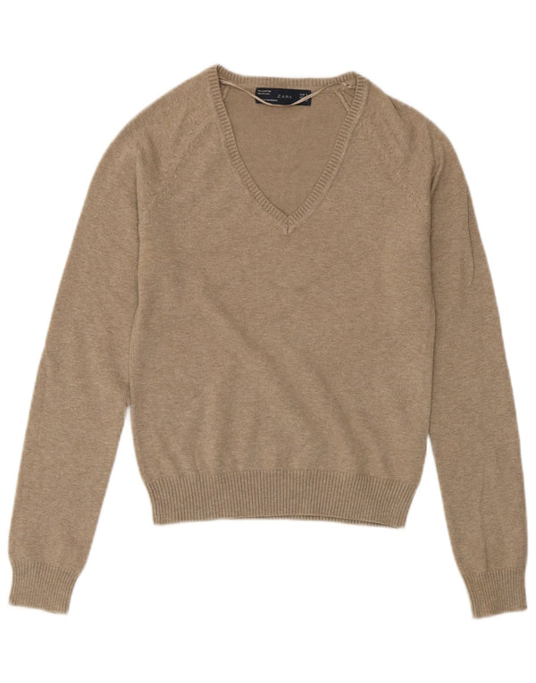 ZARA Damen-Pullover mit V-Ausschnitt, Gr. 8, Größe S, graue Baumwolle