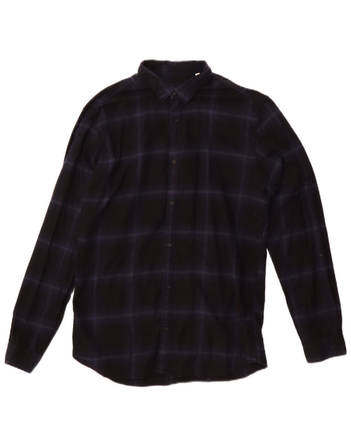 JACK & JONES Herren-Flanellhemd, Größe 40, mittelblau, kariert, Baumwolle