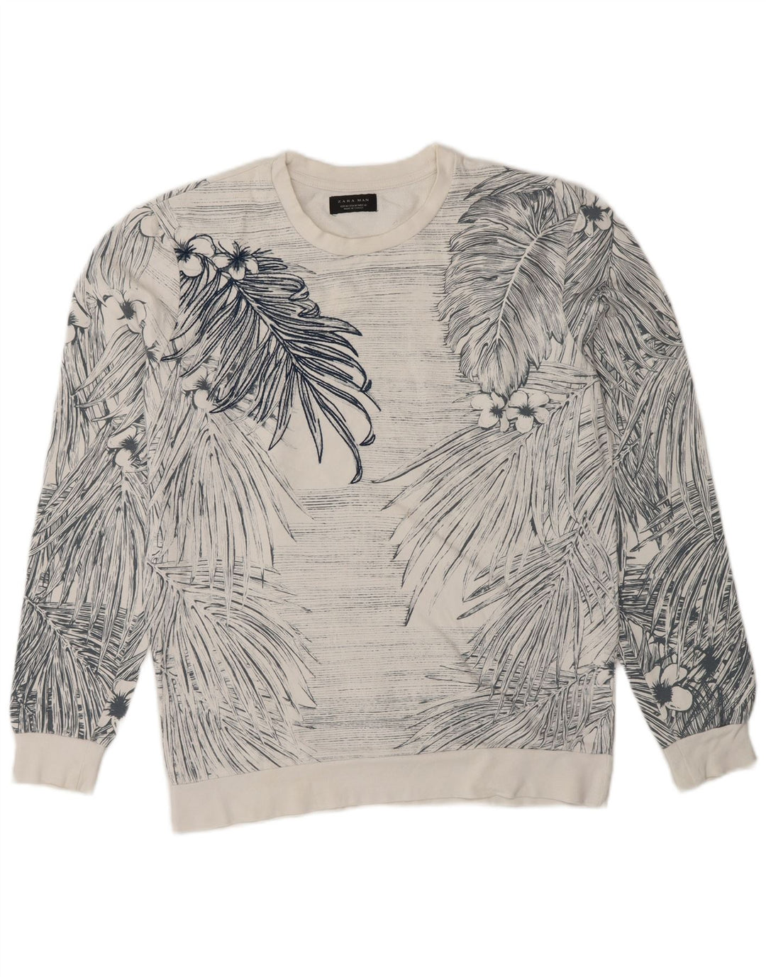 Zara Herren-Sweatshirt-Pullover aus mittelweißer, geblümter Baumwolle