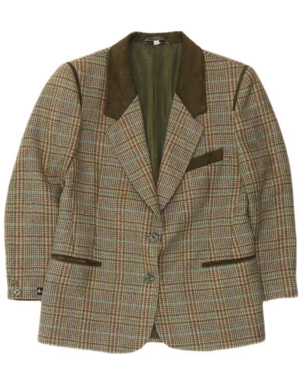 Vintage Damen Blazerjacke mit 2 Knöpfen, IT 46, große grüne Wolle mit Hahnentrittmuster