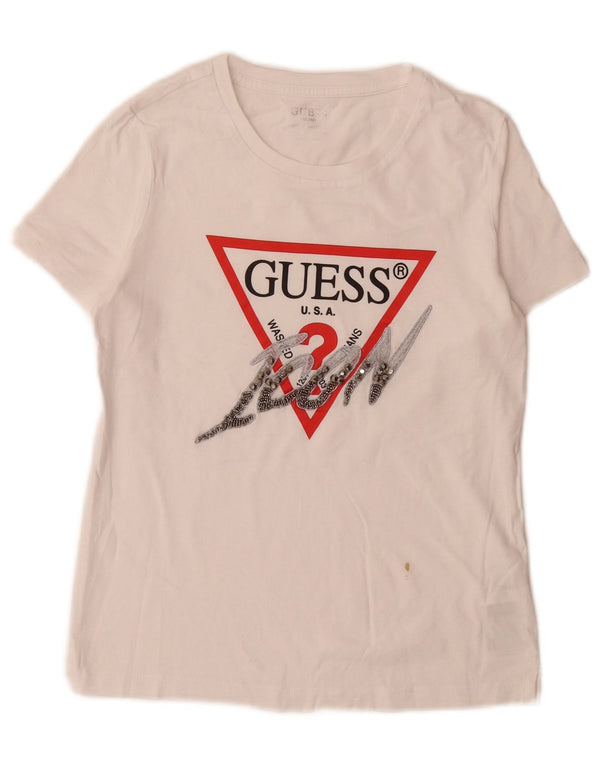 Guess Slim Fit Grafik-T-Shirt für Damen, UK 6 XS, weiße Baumwolle
