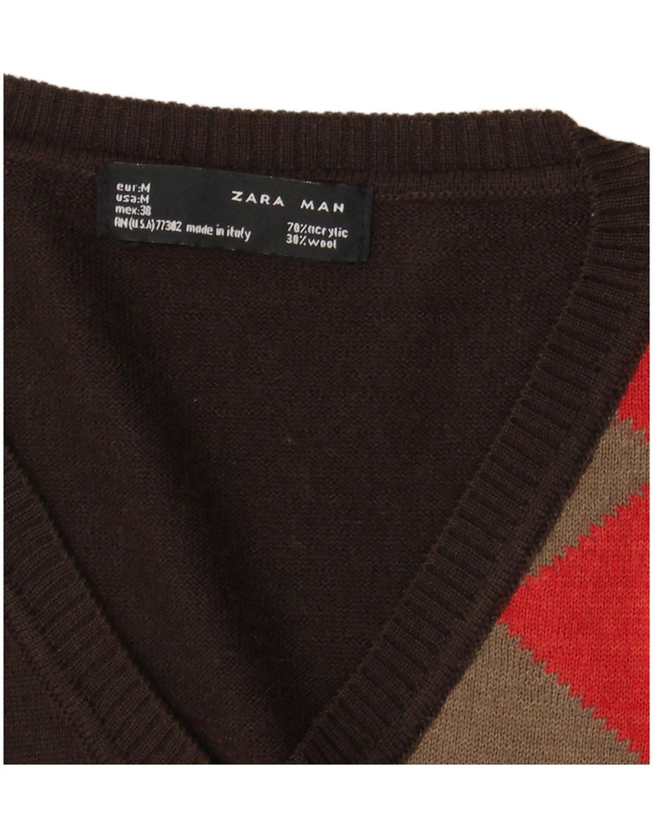 Zara Herren-Pullover mit V-Ausschnitt, mittelbraun, Argyle/Diamant