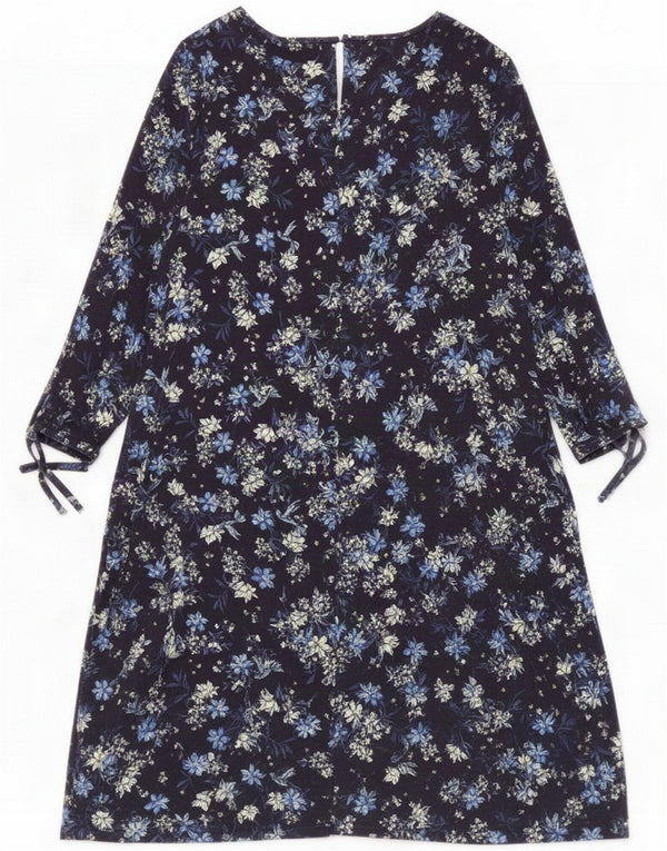 M&Co Damen 3/4-Ärmel-A-Linien-Kleid UK 12 Mittelmarineblaue Viskose mit Blumenmuster
