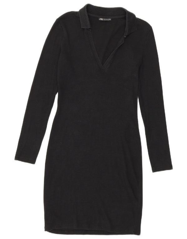 Zara Damen Langarm-Bodycon-Kleid UK 12 Medium Schwarz Baumwolle