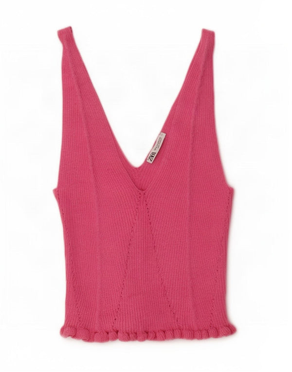 Zara Damen Strick-Crop-Top UK 12 Mittelrosa