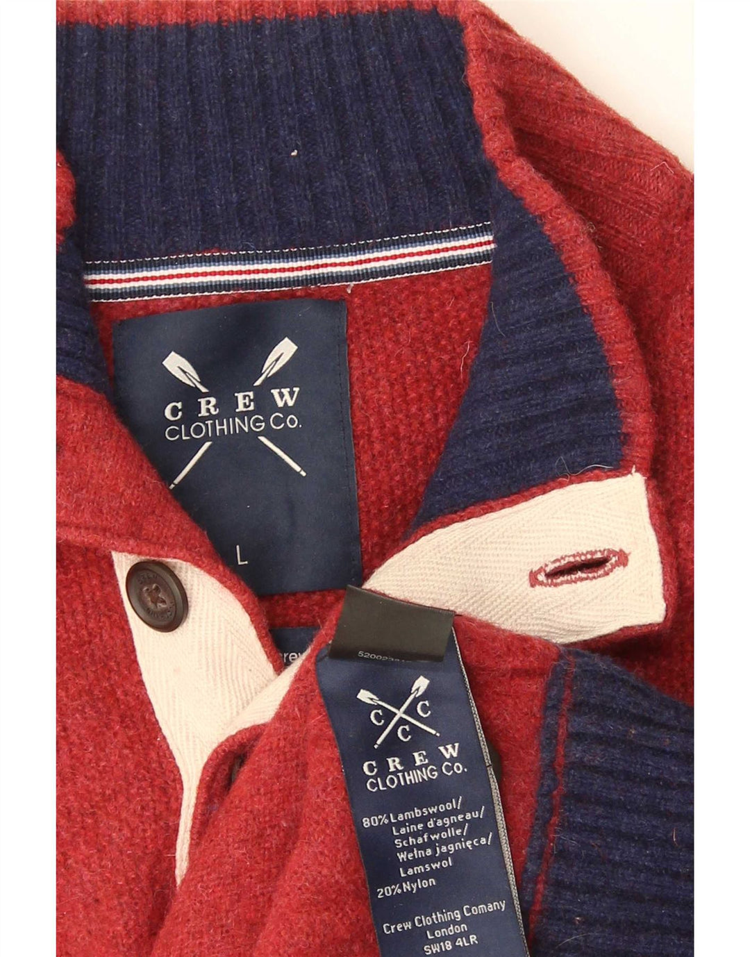 Crew Clothing Herren-Pullover mit Knopfkragen, Größe L, rote Lammwolle