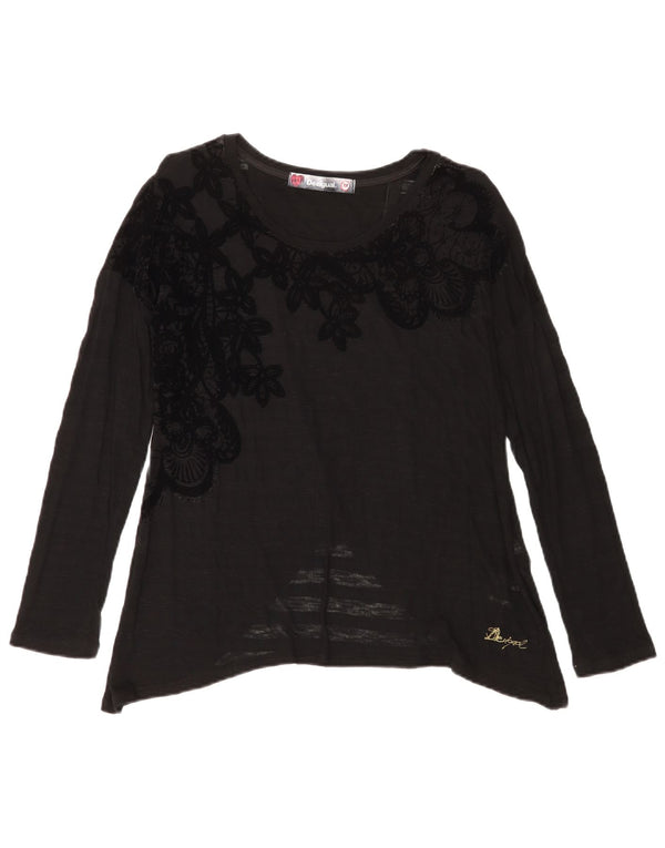 Desigual Womens Graphic Top Langarm UK 12 Mittelschwarze Viskose mit Blumenmuster