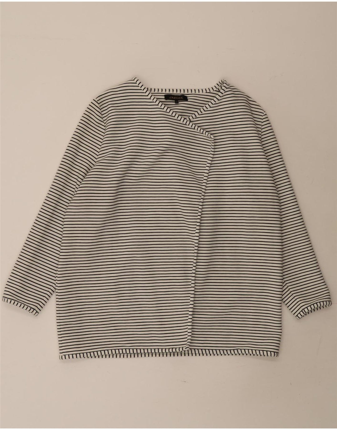 Jaeger Offener Damen-Cardigan-Pullover UK 16 Große weiß gestreifte Baumwolle