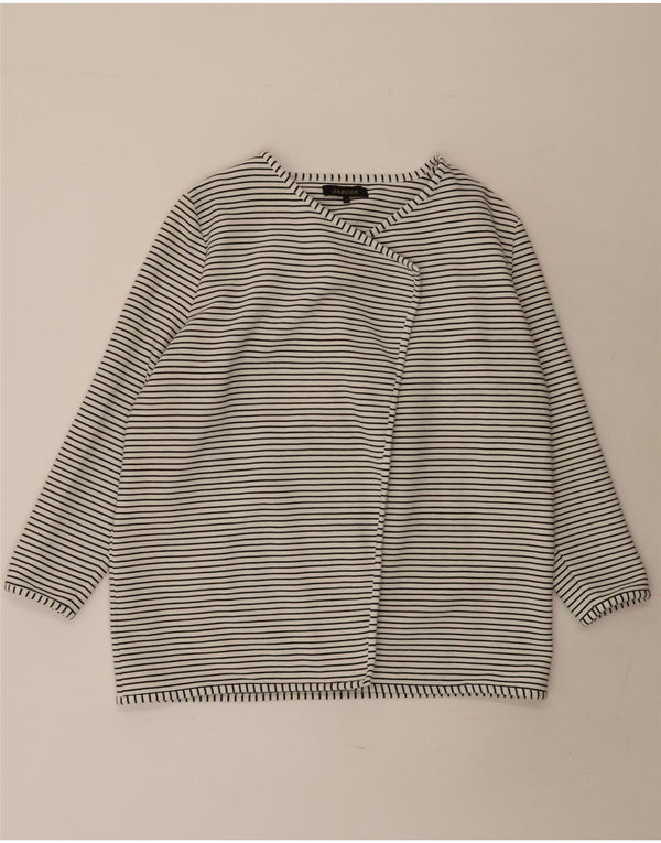 Jaeger Offener Damen-Cardigan-Pullover UK 16 Große weiß gestreifte Baumwolle