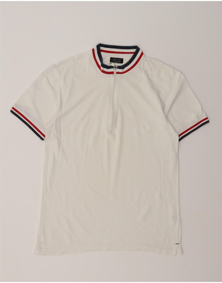 Zara Herren-T-Shirt mit Reißverschluss am Hals, groß, aus weißer Baumwolle